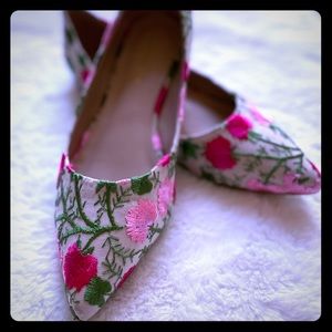 Pink floral embroidered flats